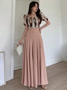 DAZY 女士纯色宽松优雅裤裙，高腰阔腿裤，商务休闲，四季皆宜 - 粉色 - 查看 7