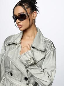 SUMWON WOMEN Foiled Denim Oversized Trench Coat Designer Double-Breasted Belted Outerwear Metallic Finish Street Style Fashion Statement Piece Fall Winter - Black - View 5