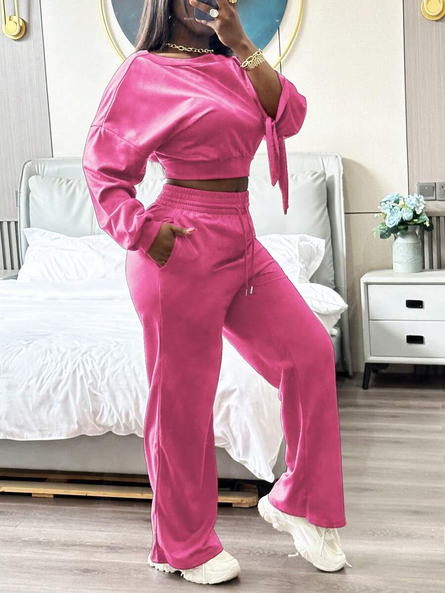 INAWLY Damen Zweiteiler aus einfarbigem Langarmoberteil und langer Hose, Lässig - Pink - Übersicht 1
