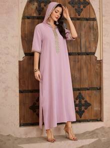 Al Najma Solid Color V-Neck Patchwork Casual Loose Tunic Kaftan Jalabiya Dress - Pink - View 5