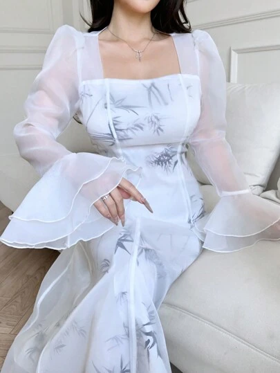 Modelyn 女士优雅竹节印花拼布喇叭袖连衣裙