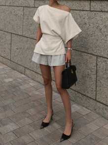 DAZY Áo sơ mi nữ tay ngắn hở vai đơn giản, trang phục thường ngày vải lanh Y2k - Màu be - Xem 2