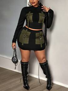 Slaydiva 2pcs/Set Plus Size Women Street Style Multi-Pocket Long Sleeve Top And Bodycon Midi Skirt Set