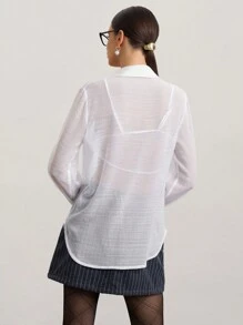 SHEIN Unity Women's Solid Color Button Down Long Sleeve Simple Shirt, Casual Everyday Wear - White - View 2