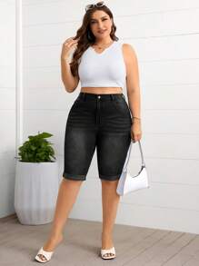 Firerie 大码前扣口袋休闲修身牛仔短裤 - 黑色 - 查看 6