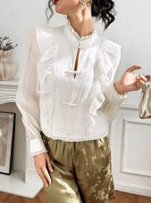 EastFlair Women's Elegant Plain Stand Collar Button Ruffle Hem Blouse, Autumn - Apricot - View 1