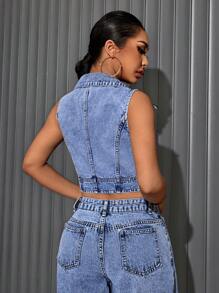 SHEIN SXY 女士性感牛仔交叉短款上衣，夜间聚会穿着 - 藍色 - 查看 2