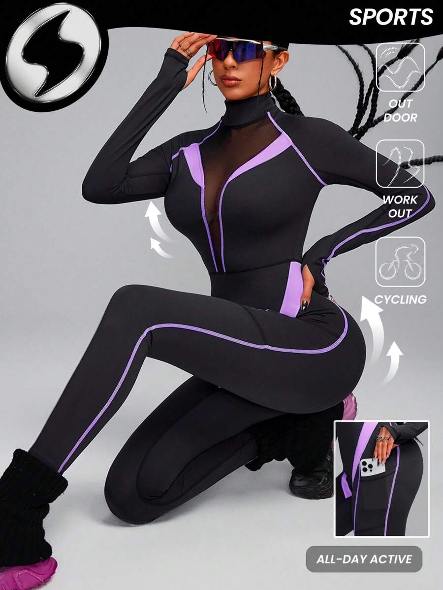 Innovista Damski sportowy kombinezon z długim rękawem i kolorowym blokiem kolorów, oddychający siateczkowy kombinezon z wycięciami i wysoką elastycznością Dry Fit, modelujący pośladki, modelujący sylwetkę, zapinany na zamek błyskawiczny, wielofunkcyjny strój do ćwiczeń, kombinezon fitness i ogrodniczki
