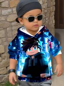 SHEIN Young Boys Casual Loose Comfortable Everyday Stylish Cyber Street Pixel Character Graphic Print Knitted Long Sleeve Sweatshirt,In Fall/Winter - Multicolor - View 2