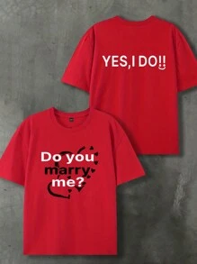 Manfinity Roghcode Men's Slogan Print Casual Round Neck Short Sleeve T-Shirt,Red Couple T-Shirt, Valentine's Day Style, Men's Confession And Proposal T-Shirt, Gift For Boyfriend - Red - View 1