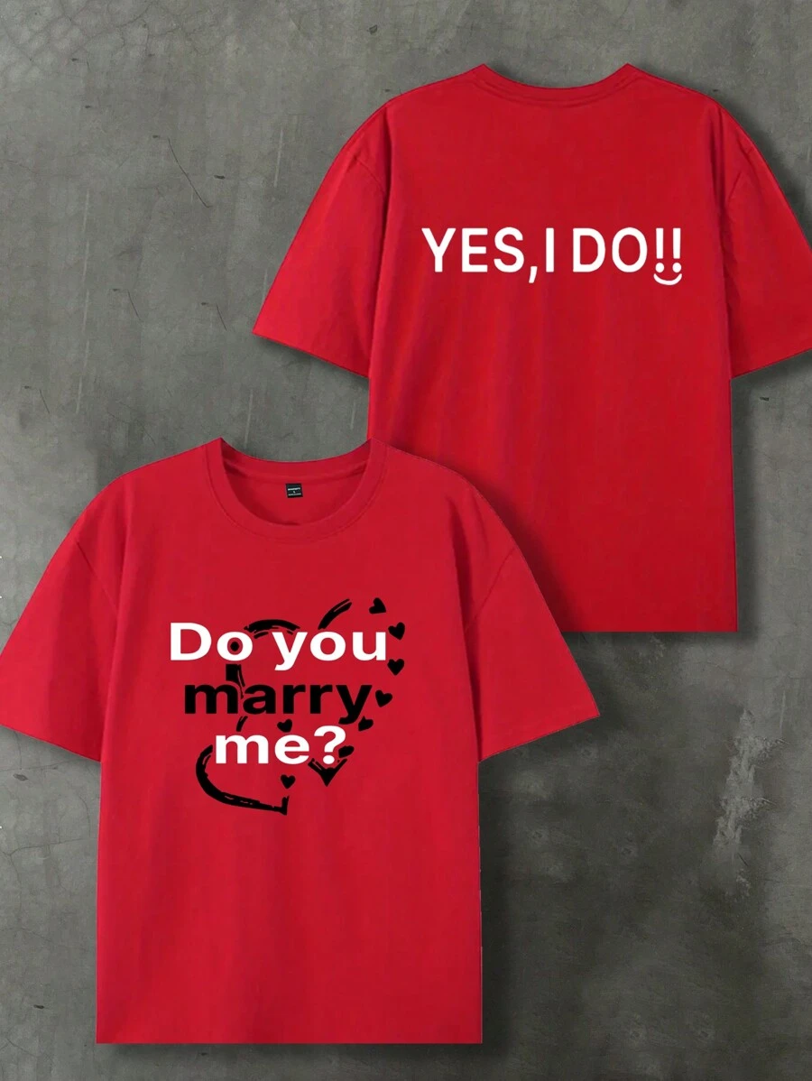 Manfinity Roghcode Men's Slogan Print Casual Round Neck Short Sleeve T-Shirt,Red Couple T-Shirt, Valentine's Day Style, Men's Confession And Proposal T-Shirt, Gift For Boyfriend - Red - View 1