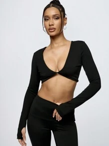 SUMWON WOMEN Top corto atlético de manga larga con nudo delantero, prenda deportiva para ejercicio, gimnasio, danza, yoga, actividad física, con tela elástica y de secado rápido, sujetador deportivo para entrenamiento y