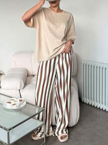 DAZY 2pcs Loose Striped Print Comfy Women Home Wear Pajama Set - Apricot - View 6