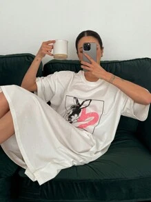 DAZY Loose Cartoon Print Nightshirt Pajama - White - View 5