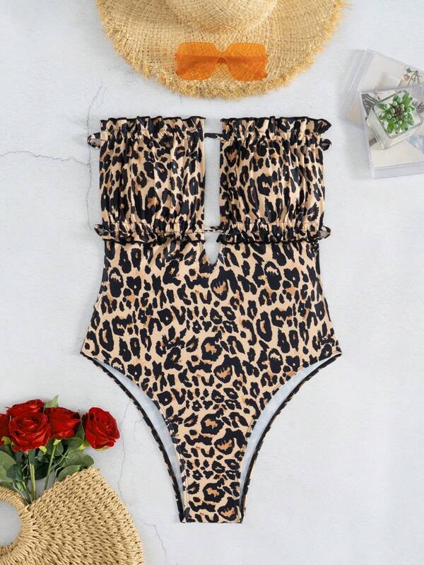 SHEIN VCAY Women's Leopard Print Hollow-Out Bandeau One-Piece Swimsuit For Summer Beach Vacation