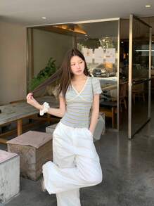 DAZY Women's V-Neck Lace Patchwork Striped Casual T-Shirt Summer Cute Tops Preppy Tops