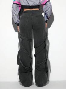 Jeanoix Retro Asymmetric Ribbon Embellished Boyfriend Style Women Jeans, Dystopian Aesthetic