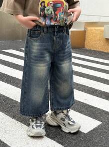 SHEIN Kleine Jungen Vintage Washed Katzenbart Loose Fit Weite Blaue Verkürzte Jeans, für Kinder Streetwear - Dunkle Waschung - Übersicht 6
