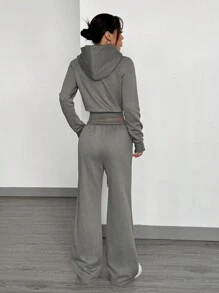 SHEIN EZwear Women's Front Zip Up Hoodie With Pockets And Sweatpants Tracksuit, Minimalist Design - Grey - View 2