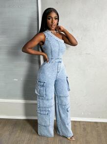 Slaydiva Women's Denim Overalls And Jumpsuits Sexy One Shoulder Overalls Jumpsuit Blue Loose Jumpsuit Cargo Pants Women Rompers For Women Romper Overalls Women Denim Jumpsuit One Piece Jumpsuit Summer Outfits For Women Rave Outfits Festival Valentines