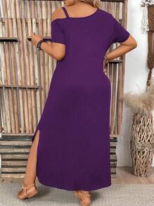 Vestido diario sólido y simple para mujer de talla grande, apropiado como atuendo para mujeres de talla grande en el Día de Acción de Gracias - Morado - Ver 2