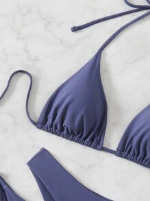 Swim Chiccia 3 Pcs Women's Halter Neck Tied Bikini Top And Bottom Swimwear Set Summer - Dusty Blue - View 3