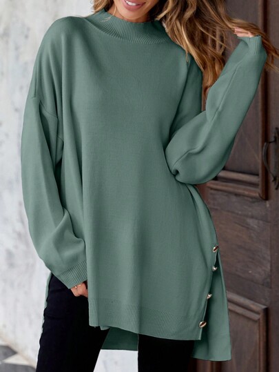 RueChic Plus Size Solid Color Stand Collar Long Sleeve Button-Up Casual Pullover Sweater
