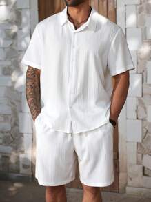 ResortEase Plus Size Men's Casual Solid Color Short Sleeve Shirt And Shorts Set