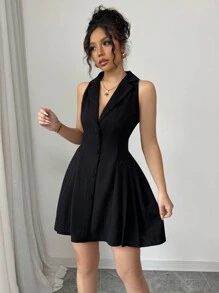 Elenzga 女式夏季休闲 V 领褶皱腰无袖黑色迷你连衣裙 - 黑色 - 查看 1