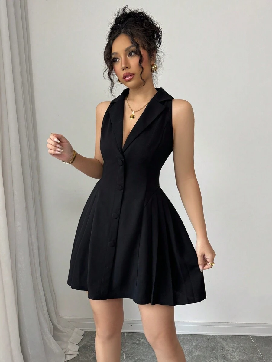 Elenzga 女式夏季休闲 V 领褶皱腰无袖黑色迷你连衣裙 - 黑色 - 查看 1