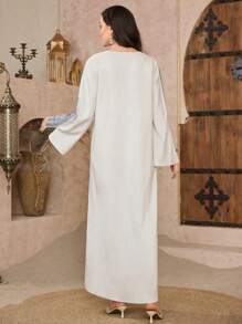 Al Najma Vintage Minimalist Casual Versatile 2025 Spring Colorblock Print Long Sleeve Maxi Cardigan Kaftan Jalabiya Dress - Beige - View 2