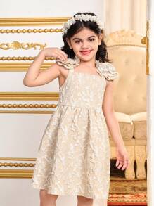 SHEIN Young Girl's Spring/Summer Matching Family Vacation , Holidays Woven Plain Elegant Off-Shoulder Solid Color Sleeveless 3D Rose Floral Decor Loose Casual Vacation Slip Dress,Cute & Elagant & Sweet & Fashionable.Partywear,Gorgeous Princess.