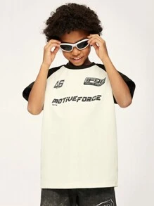 SHEIN Explorewe Tween Boy Street Style Letter Print Raglan Color Block Short Sleeve T-Shirt, Suitable For Sports Activities Like Basketball, Football, Running, With Fabric And Design To Meet Kids' Sports Needs - Black and White - View 7