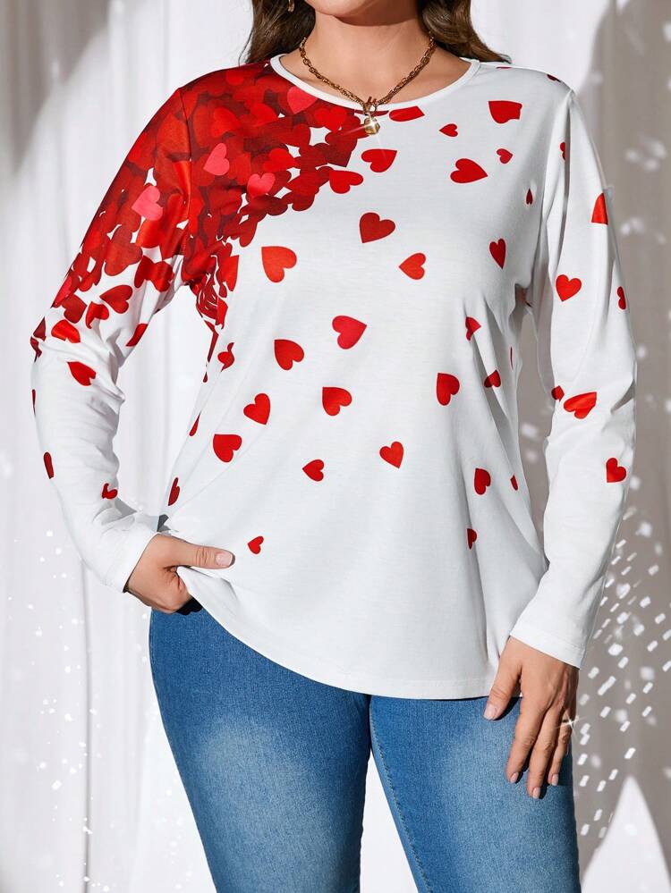 Plus Size Women Heart Print Round Neck Long Sleeve Casual T-Shirt,Valentine's Day,Heart,Spring/Summer