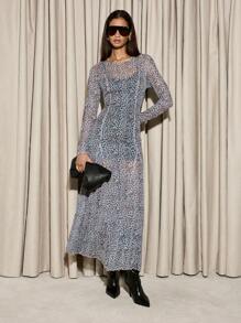 AiiRZ Leopard Print Mesh Long Sleeve Maxi Dress Sheer Party Evening Elegant Fall Winter Special Occasion See Through A-Line Formal Dress - Black - View 1