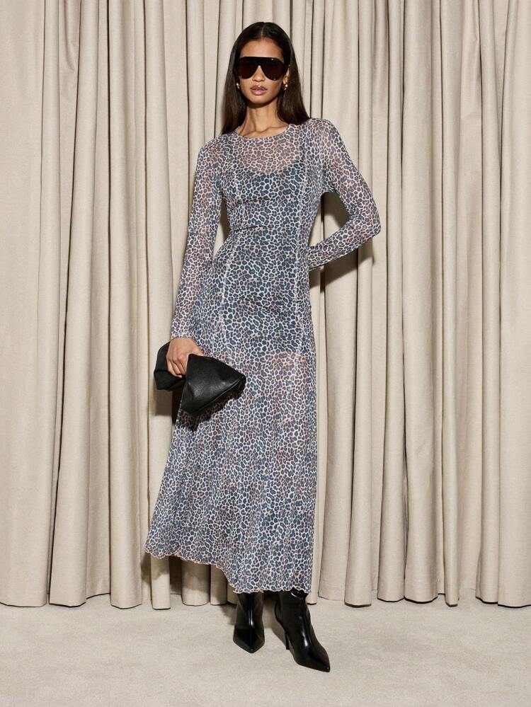 Leopard Print Mesh Long Sleeve Sheer Two-Piece Outfit