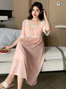 DAZY Sweet Lace & Mesh Panel Scoop Neck Waist Defined Nightgown Pajama - Pink - View 5