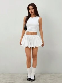 SHEIN PETITE Women Elastic Waist Wide Leg Bloomers Shorts In Solid Color - White - View 5