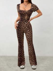 SHEIN PETITE Women's Autumn Leopard Print Square Neck Short Sleeve Flare Fashion Jumpsuit - Brown - View 8