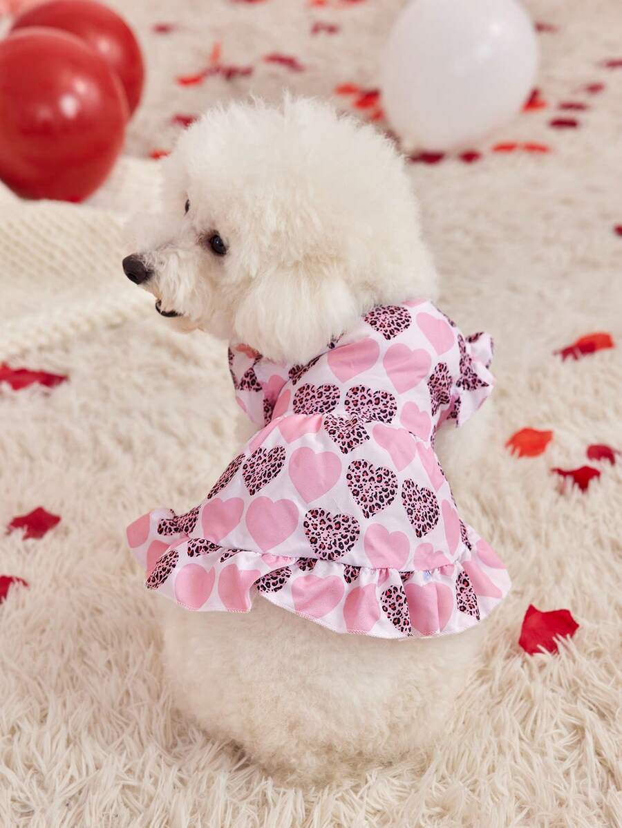 PETSIN 1 件情人节粉色豹纹爱心装饰甜美盖袖前系带狗狗连衣裙