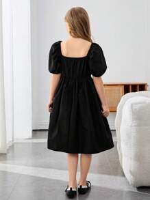 SHEIN Nova Glow Tween 女童梭织蝴蝶结方领泡泡袖迷你连衣裙 - 黑色 - 查看 2