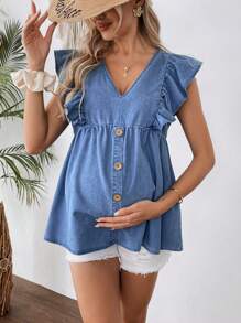 SHEIN Pregnant Women Blue Denim V-Neck Ruffle Cap Sleeve Top,Blue,Suitable For Parties, Holidays, Dates, Valentine's Day, Afternoon Tea, Summer / Summer Outfits / Summer Clothes,Year-Round,For Spring/Summer Holiday,Suitable For Summer,Blue Summer,Vacation Outfits Woman,Easter,Spring,Western,Office Outfits For Women,Rave Outfits,Baby Shower,Cottagecore,Country Outfits Women, Chic,Women Elegant,Beach ,Graduation,Vacation,Easter Mom/Mother/ Mommy/Mother's Day/Mama/Mum/Mother's Day Gift