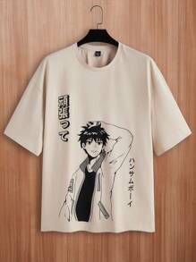 Manfinity VCAY 大码男士宽松卡通人物印花短袖针织圆领 T 恤和短裤套装 - 杏色 - 查看 3