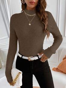 Chiquease Solid Color Casual Turtleneck Long Sleeve Pullover Sweater Knit Pullover Fall Winter Outfit - Brown - View 6