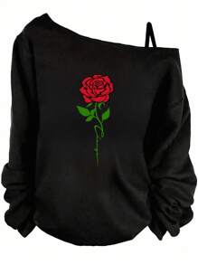 SHEIN Essnce Women's Casual Minimalist Rose Graphic Drop Shoulder Long Sleeve T-Shirt - Black - View 1