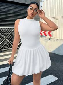 SHEIN EZwear Spring Casual Furry Ruffled Collar Sleeveless Plus Size Mini Peplum Dress