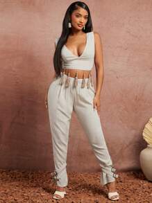 SHEIN SXY Spring/Summer Date Valentine's Day Elegant Holiday Apricot Woven Imitation Linen Fringe Hem Short Sleeveless Vest Top And Elastic Waist Low Waist Long Pants With Straps