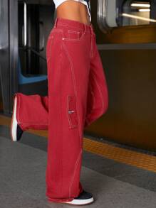 SHEIN ICON Pantalones holgados de carga de mezclilla roja vintage americanos para mujer