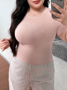 Flirla Plus Size Women Pink Striped T-Shirt And Pants 2 Pieces Casual Street Wear Set - Pink - View 2