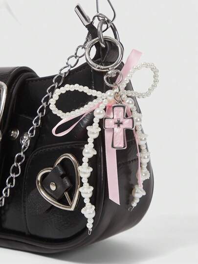 Kawaii 1pc Pink Bow Pearl Cross Keychain, Y2K Bag Charm